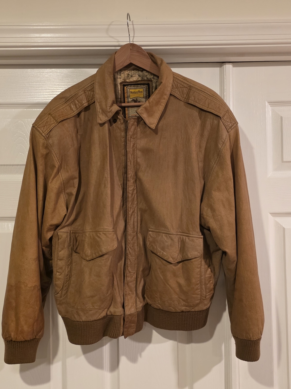 Men's Tan Leather Bomber Jacket with Ribbed Hem